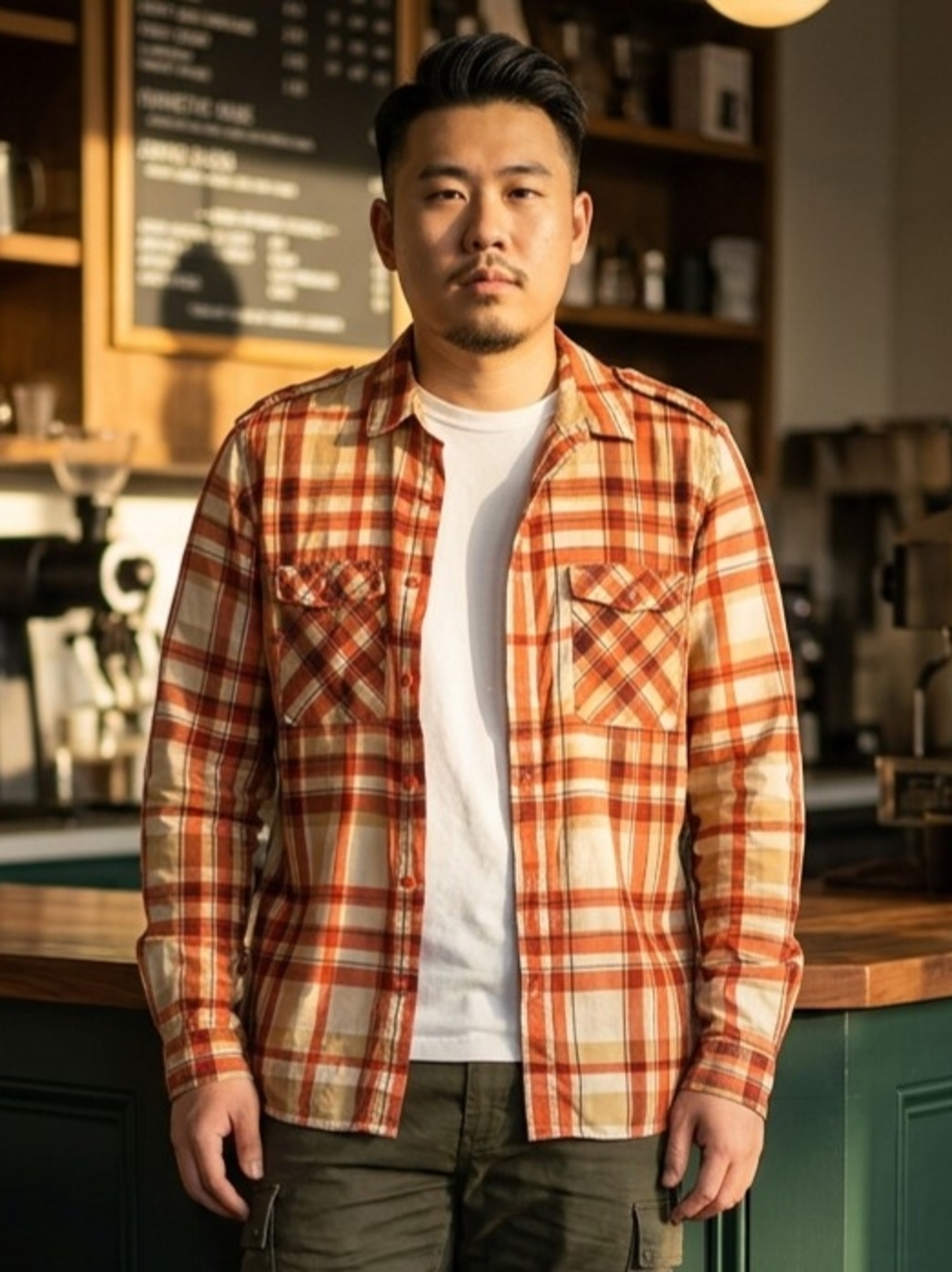 Burberry Brit Shirt W/Red, Tan, Brown Plaid, Dual Pockets XL (stain, spots)